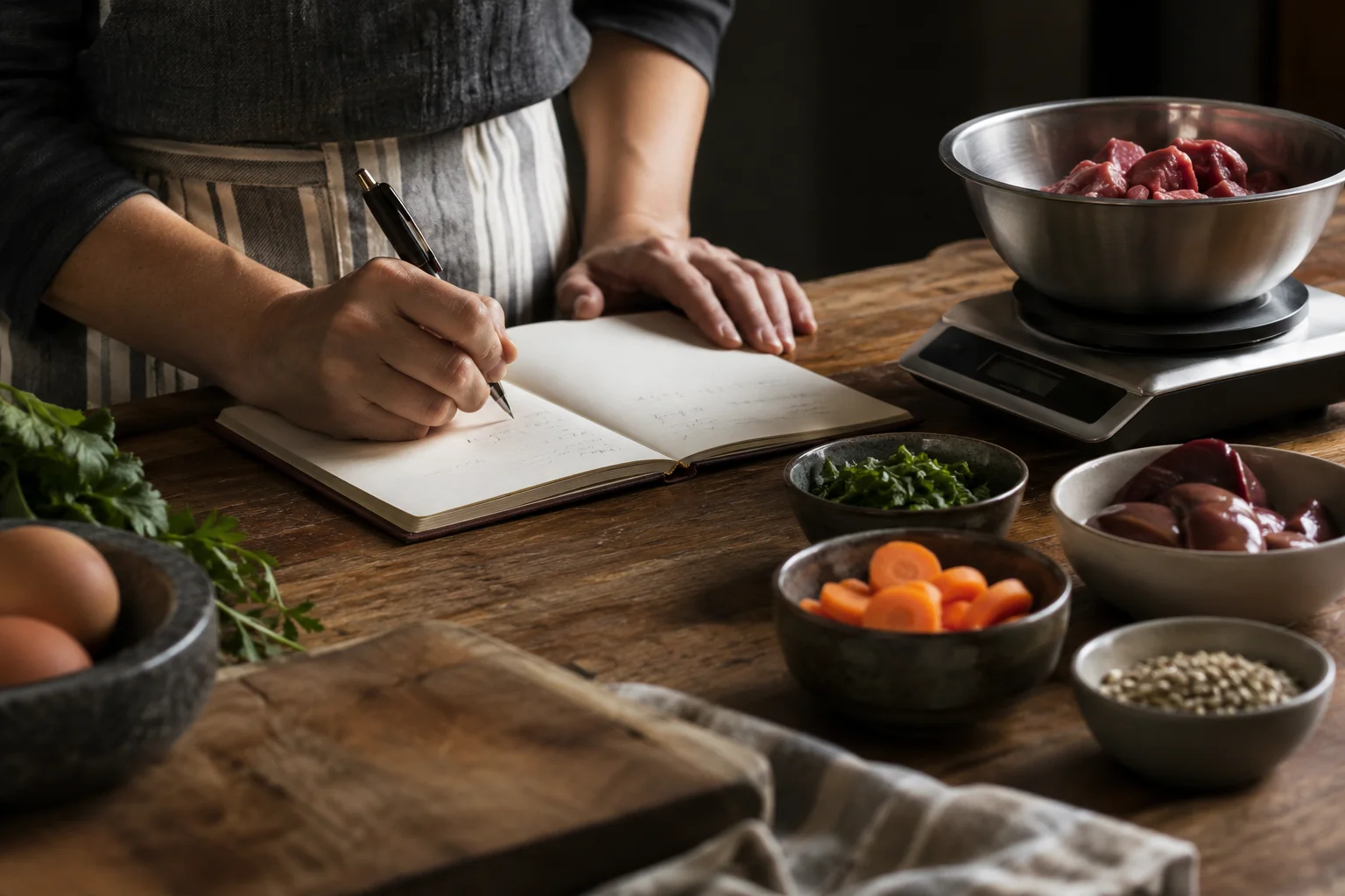 Taking notes beside ingredients and a kitchen scale