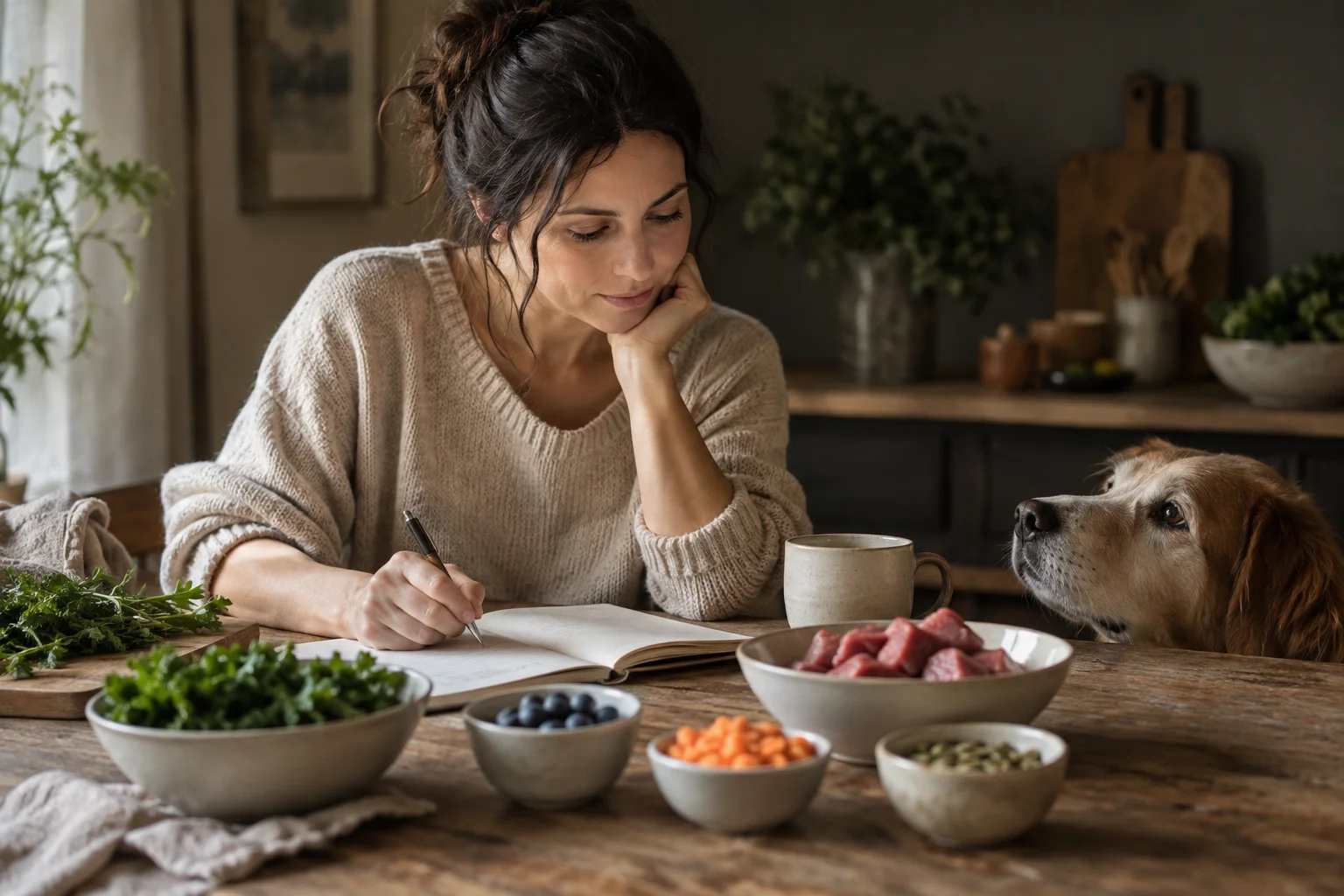 A woman working through her feeding notes at a kitchen table